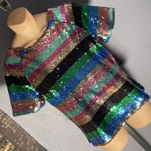 ANTHROPOLOGIE - blouse w rainbow sequin stripes; more flexible than it looks - S